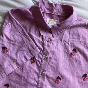 Maeve Anthropologie Fruit Surf ButtonUp Blouse Women S Pink Embroidered Cherries